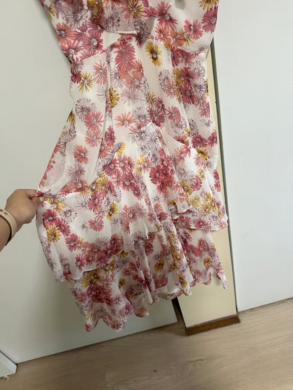 Wayf Floral One-Shoulder Ruffle Dress in Pink, Yellow and Cream